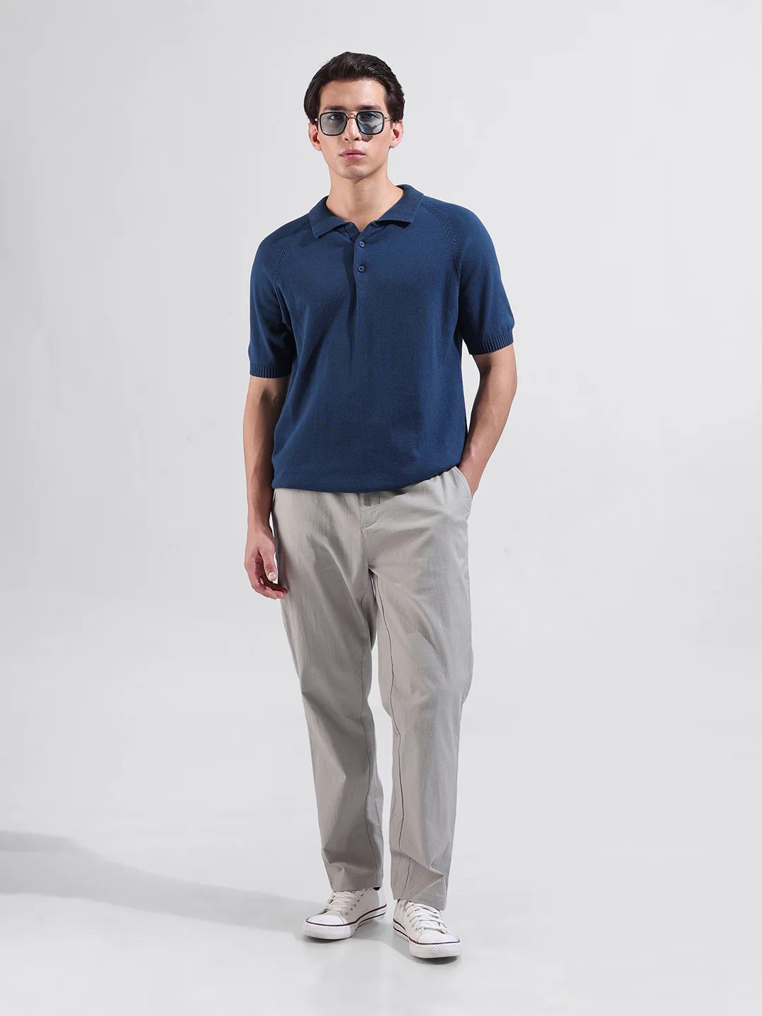 Men's Teal Slim Fit Solid Flat Knit Polo T-Shirt - Image 8