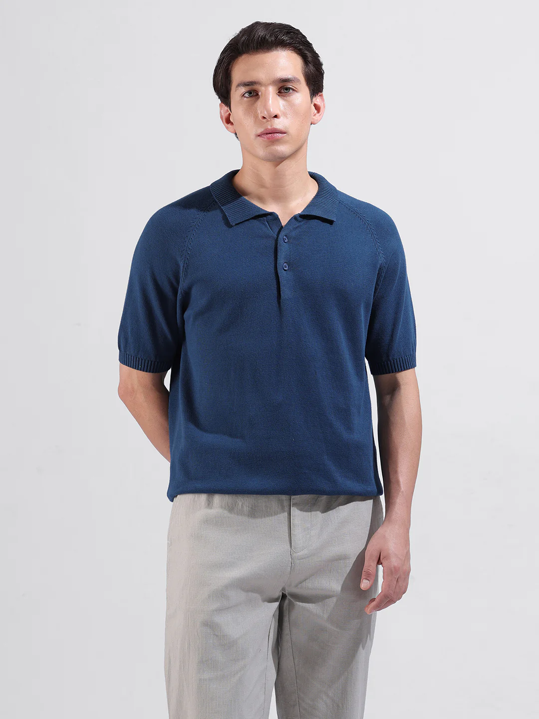 Men's Teal Slim Fit Solid Flat Knit Polo T-Shirt - Image 9