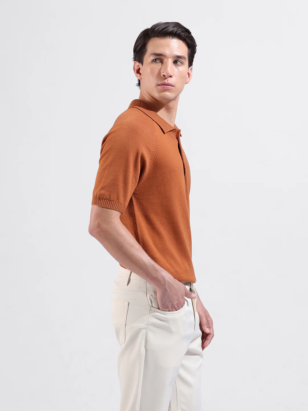 Men's Rust Slim Fit Striped Flat Knit Polo T-Shirt - Image 2