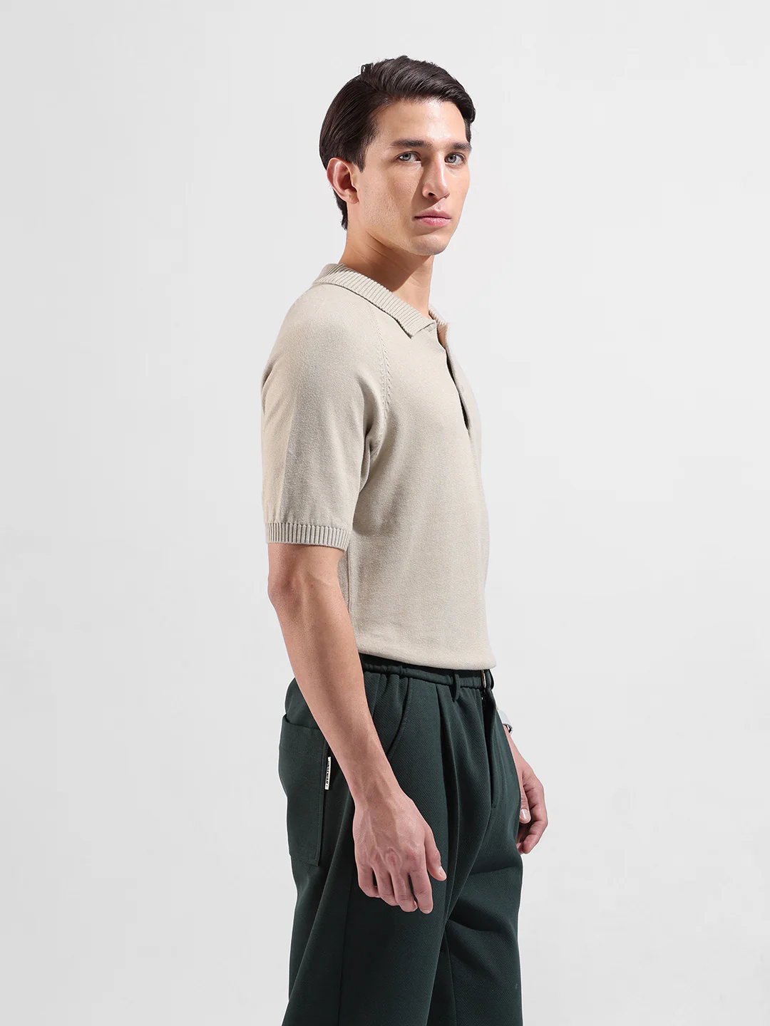 Men's Beige Slim Fit Solid Flat Knit Polo T-Shirt - Image 2