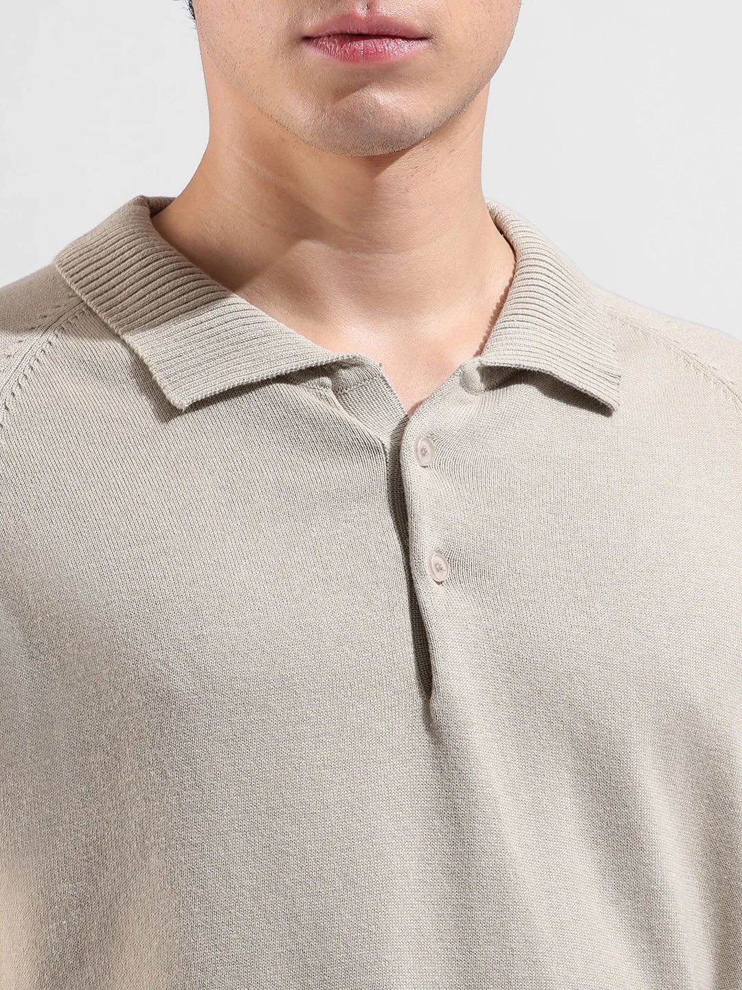 Men's Beige Slim Fit Solid Flat Knit Polo T-Shirt - Image 3
