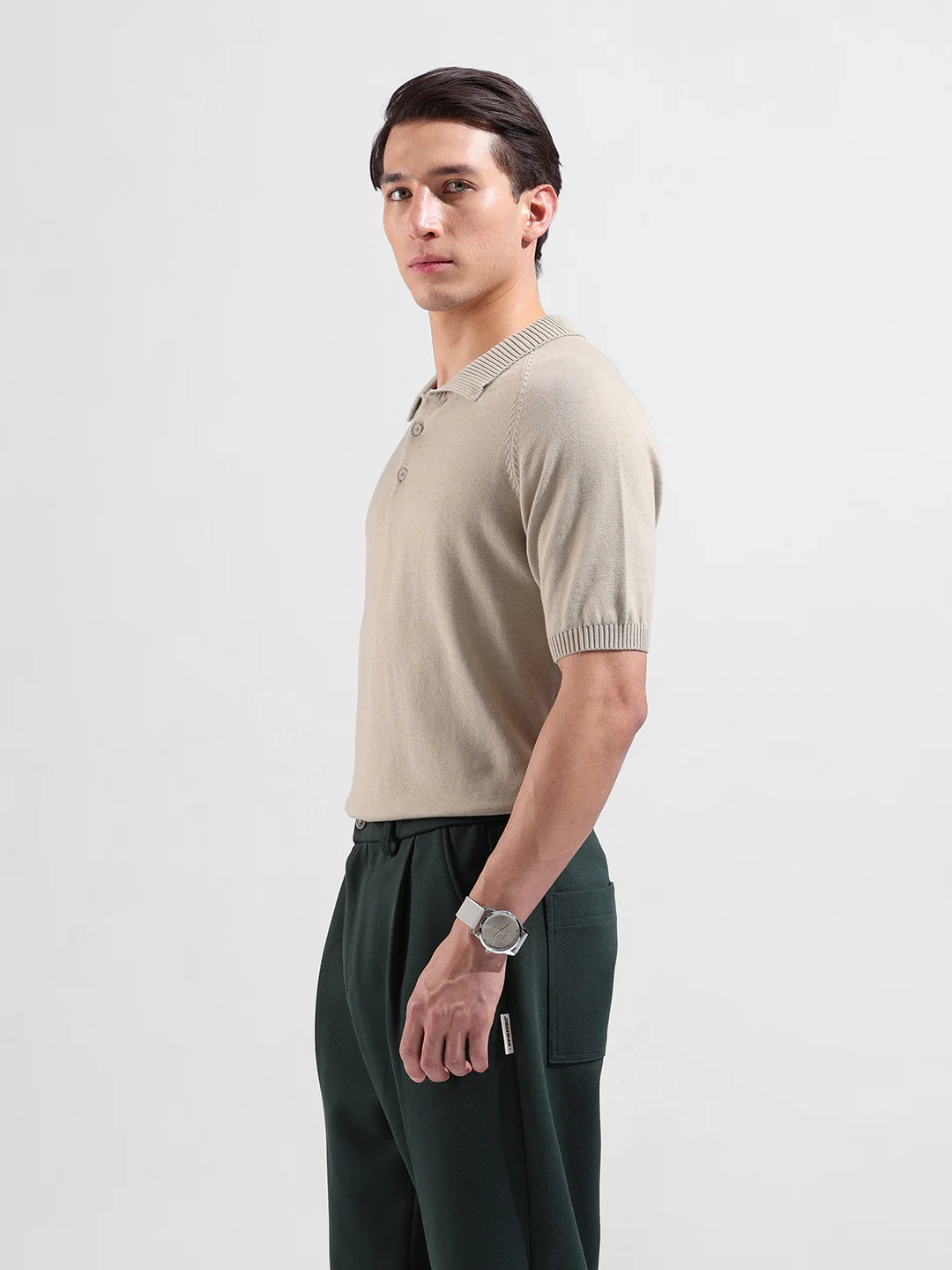 Men's Beige Slim Fit Solid Flat Knit Polo T-Shirt - Image 4