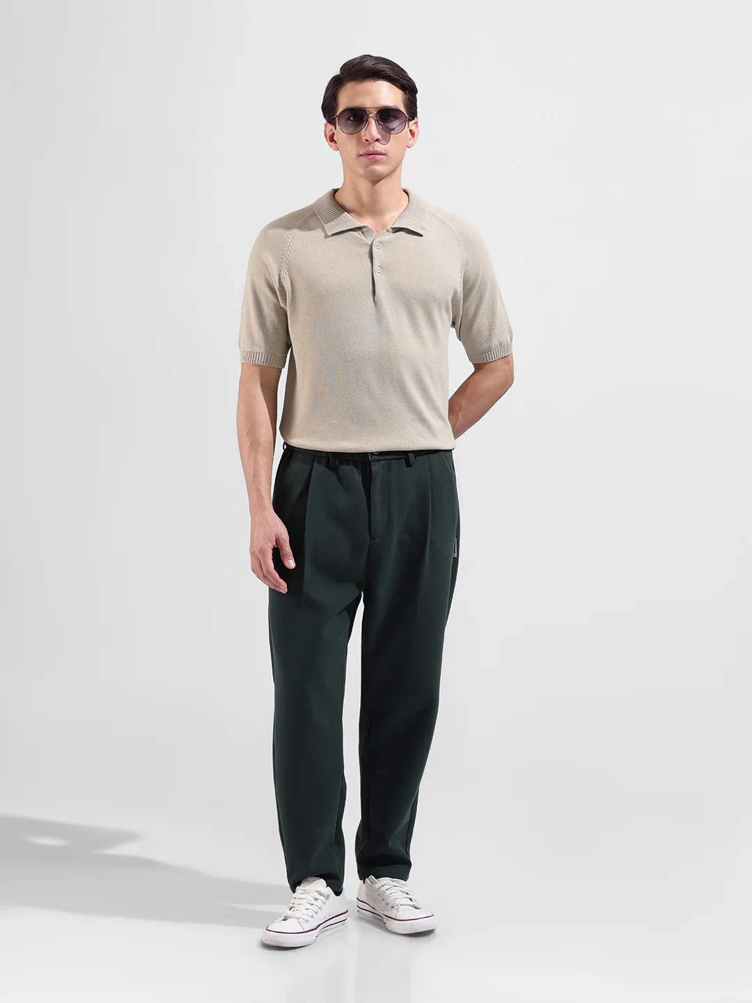 Men's Beige Slim Fit Solid Flat Knit Polo T-Shirt - Image 5