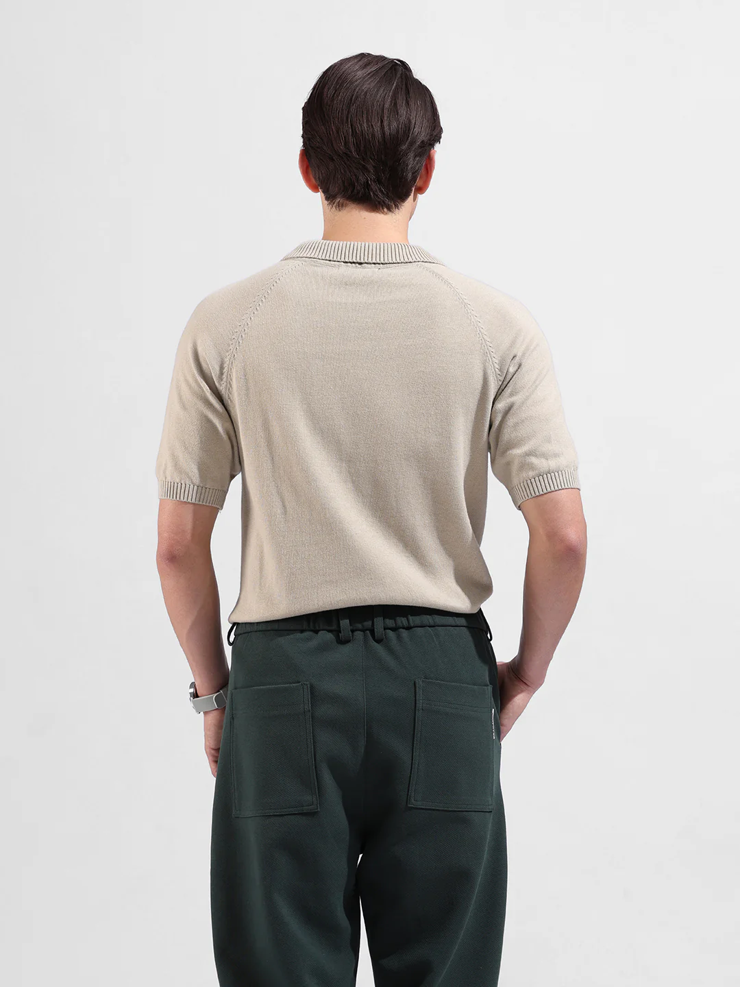 Men's Beige Slim Fit Solid Flat Knit Polo T-Shirt - Image 6