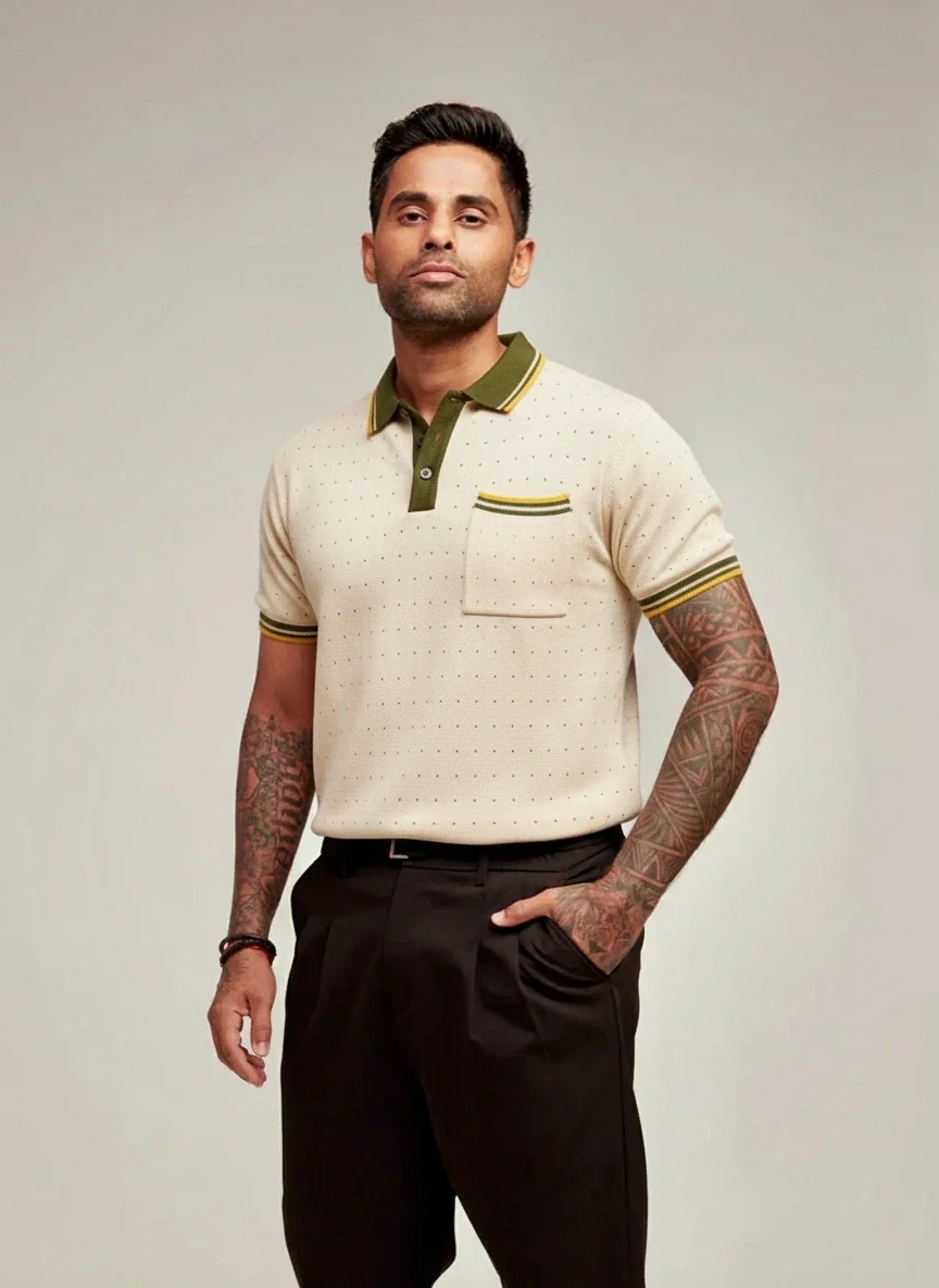 Men's Cream Slim Fit Striped Flat Knit Polo T-Shirt