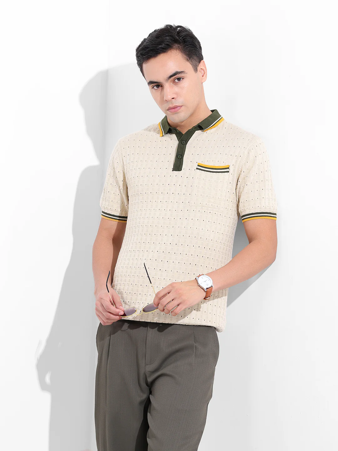 Men's Cream Slim Fit Striped Flat Knit Polo T-Shirt - Image 2