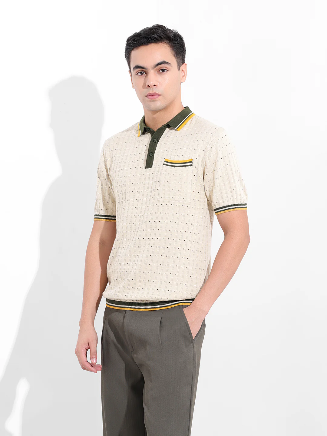 Men's Cream Slim Fit Striped Flat Knit Polo T-Shirt - Image 4