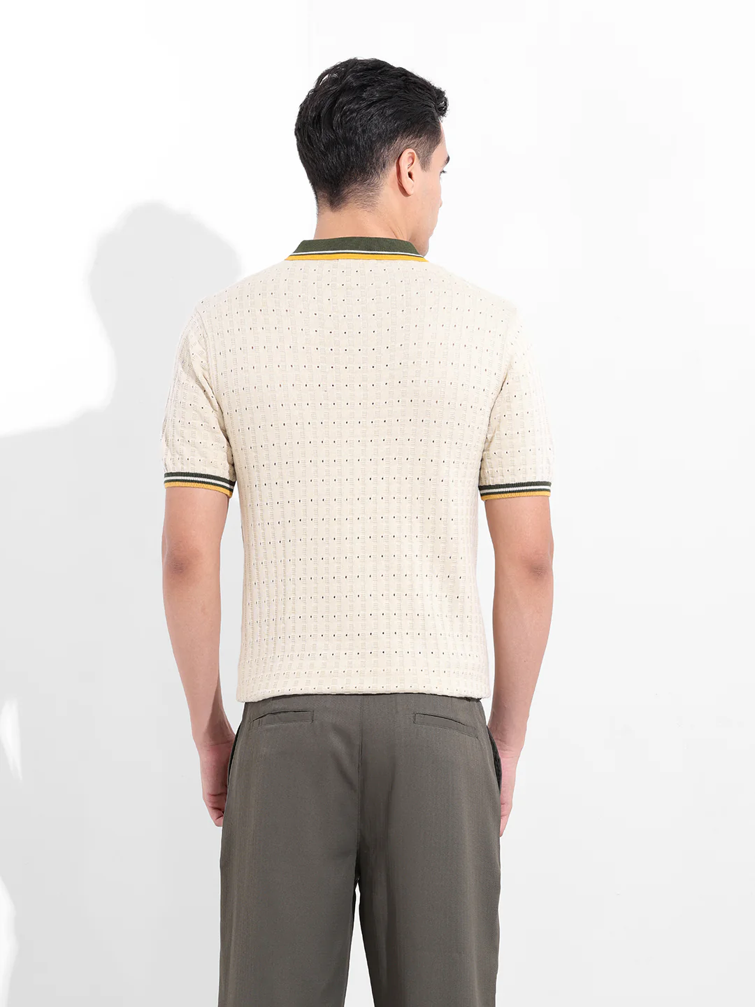 Men's Cream Slim Fit Striped Flat Knit Polo T-Shirt - Image 6