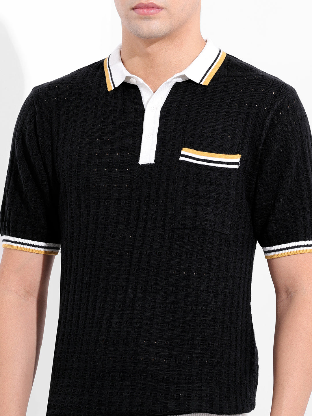 Men's Black Slim Fit Solid Flat Knit Polo T-Shirt - Image 3