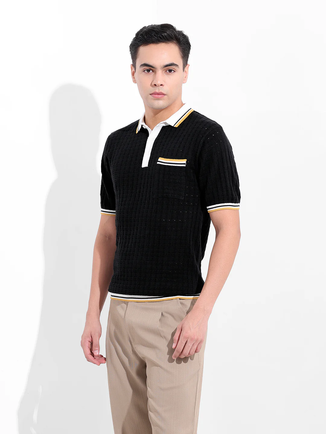 Men's Black Slim Fit Solid Flat Knit Polo T-Shirt - Image 4