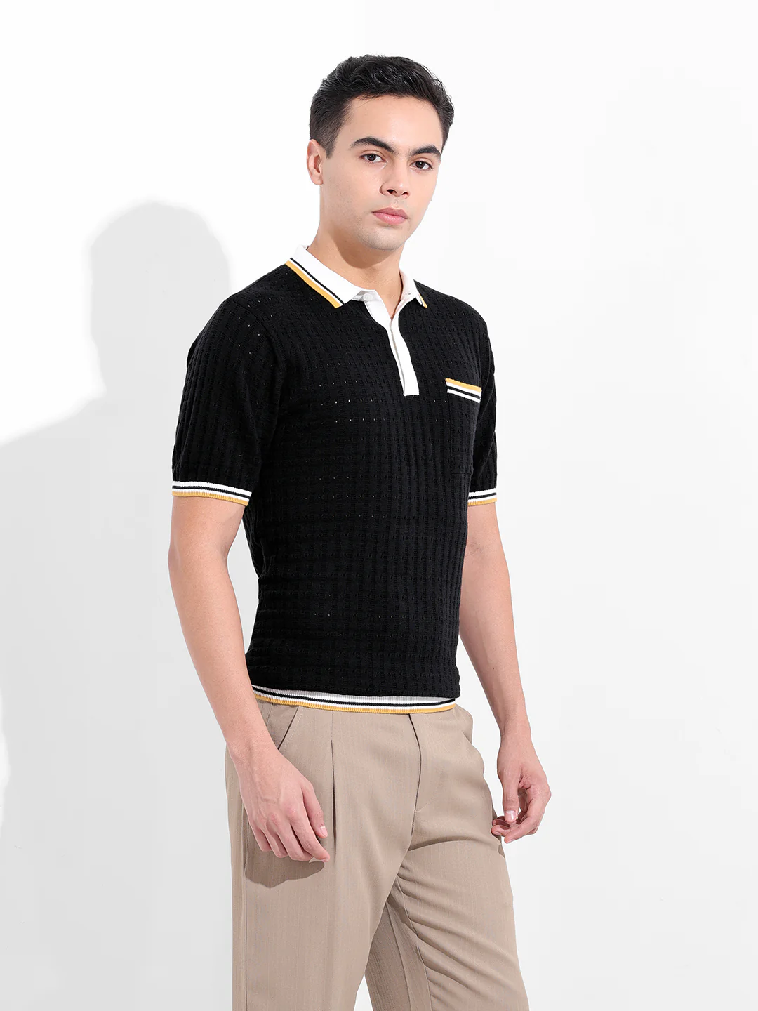 Men's Black Slim Fit Solid Flat Knit Polo T-Shirt - Image 5