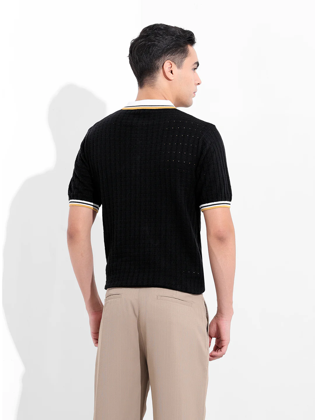 Men's Black Slim Fit Solid Flat Knit Polo T-Shirt - Image 6