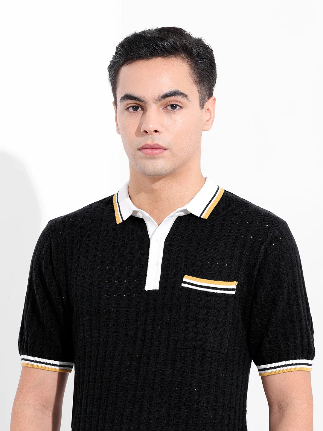 Men's Black Slim Fit Solid Flat Knit Polo T-Shirt - Image 7