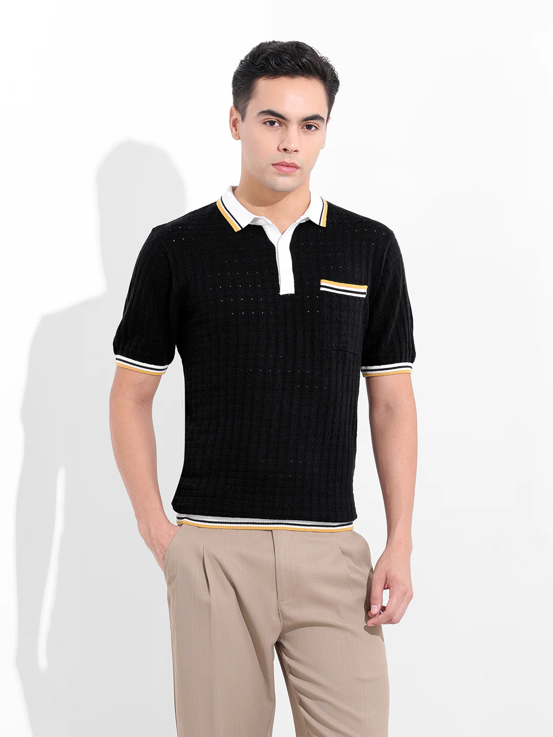 Men's Black Slim Fit Solid Flat Knit Polo T-Shirt - Image 8