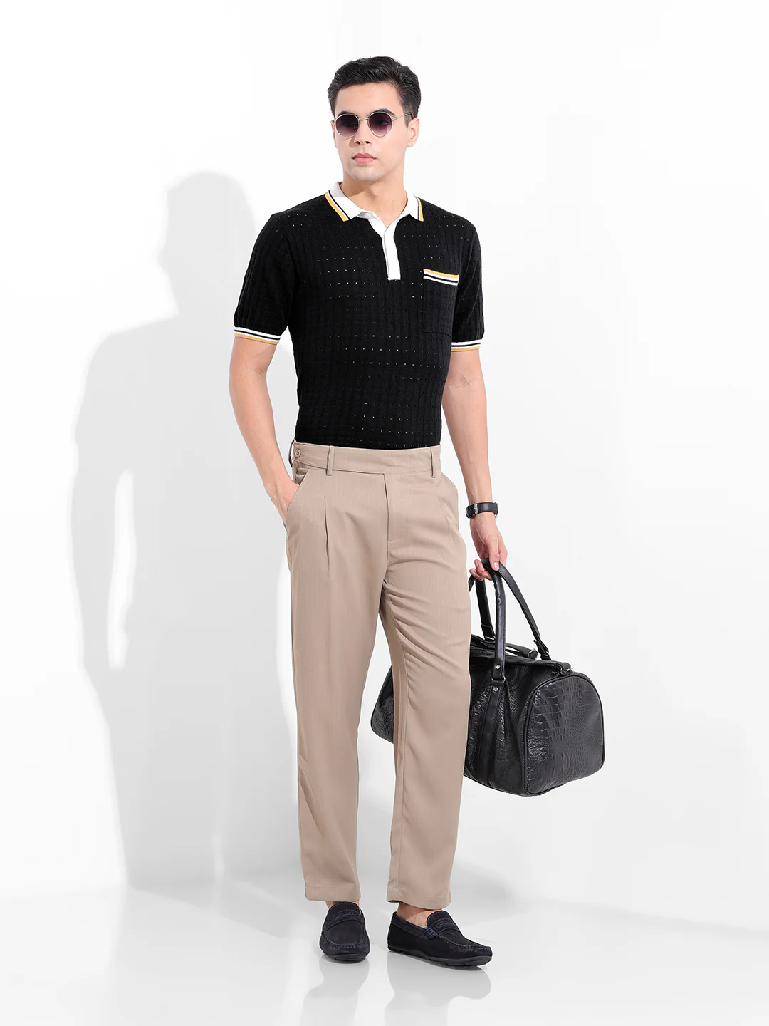 Men's Black Slim Fit Solid Flat Knit Polo T-Shirt - Image 9