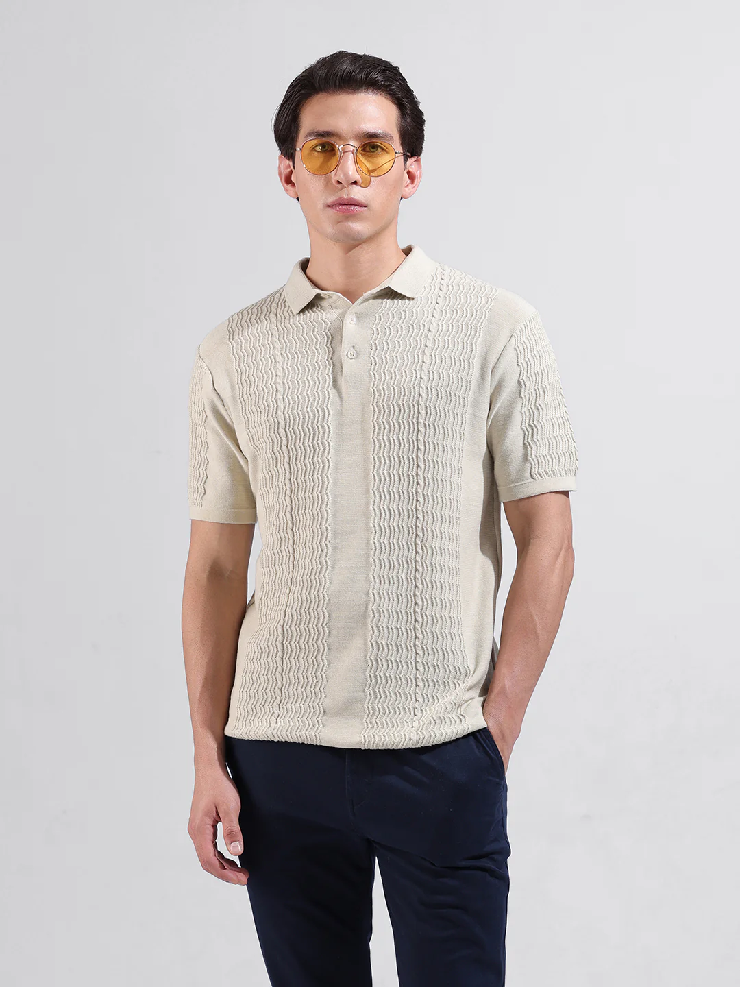 Men's Cream Slim Fit Striped Flat Knit Polo T-Shirt