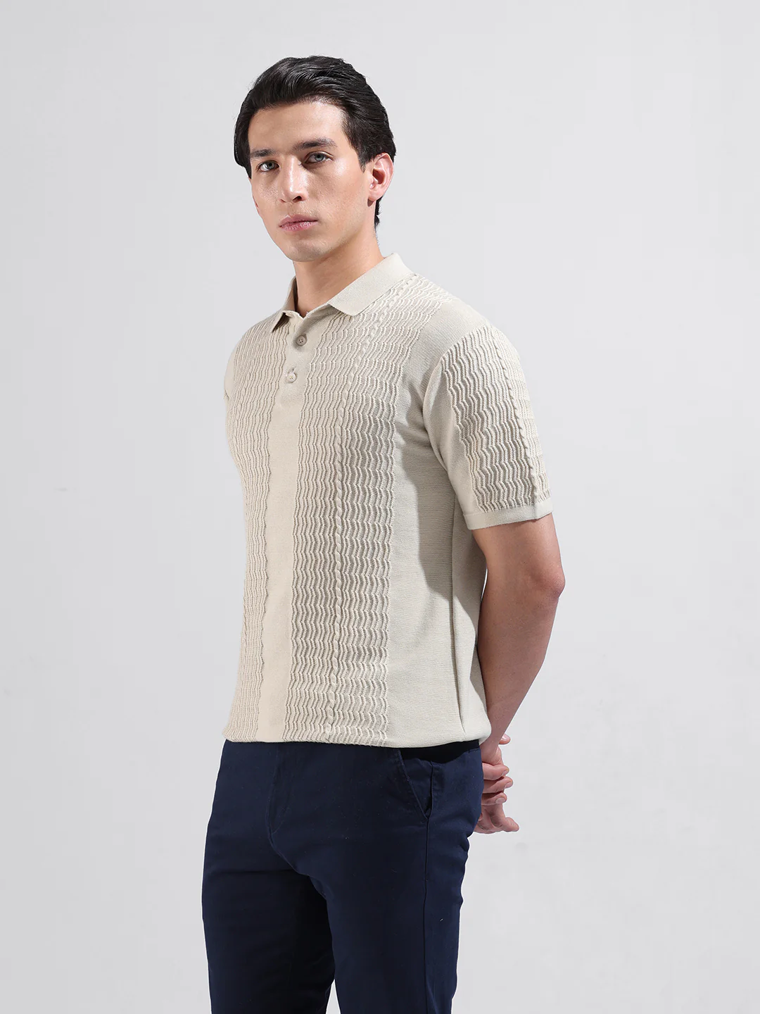 Men's Cream Slim Fit Striped Flat Knit Polo T-Shirt - Image 2