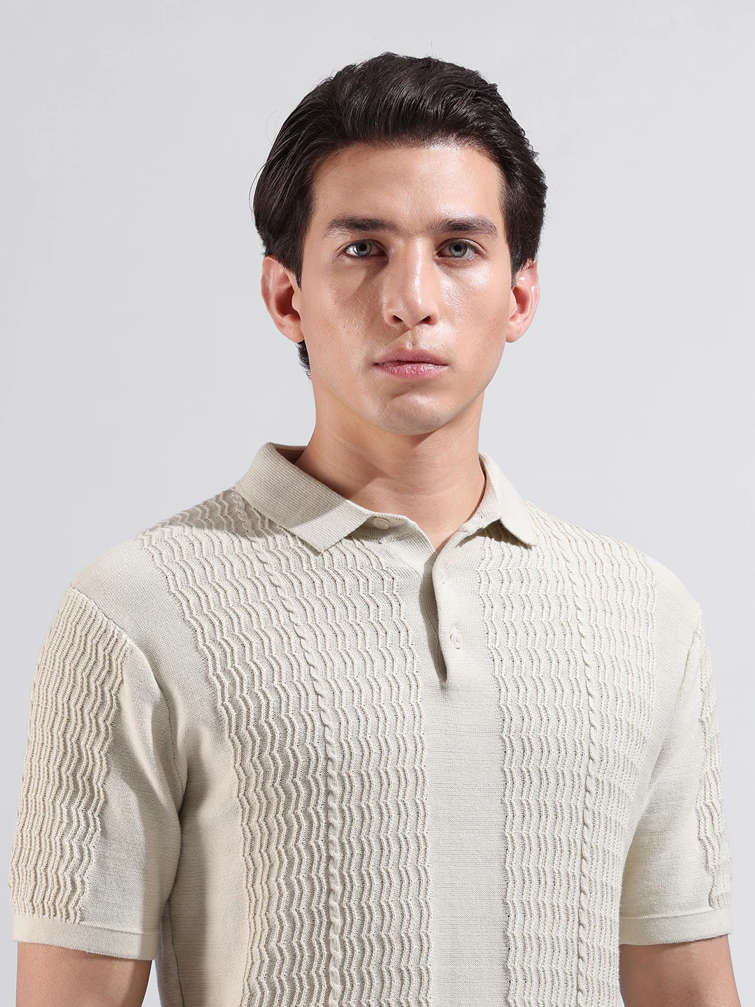 Men's Cream Slim Fit Striped Flat Knit Polo T-Shirt - Image 5