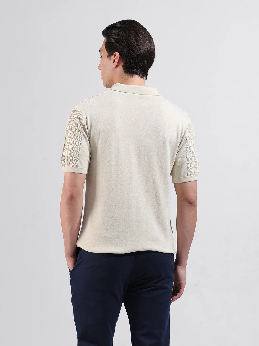 Men's Cream Slim Fit Striped Flat Knit Polo T-Shirt - Image 6