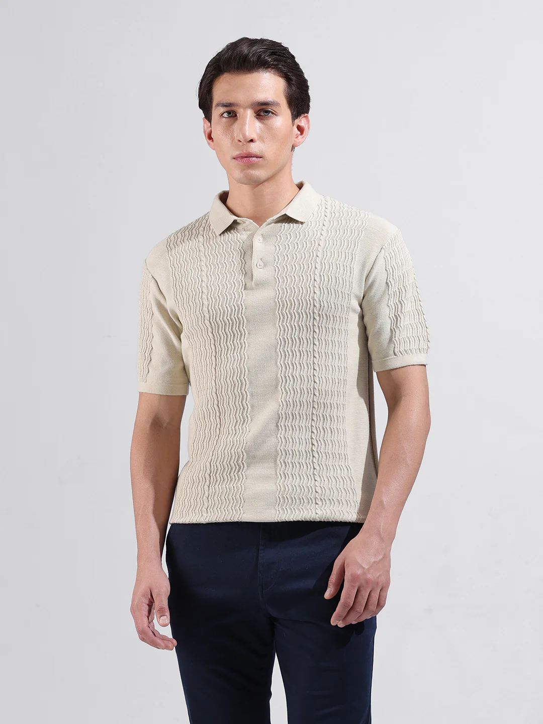 Men's Cream Slim Fit Striped Flat Knit Polo T-Shirt - Image 8