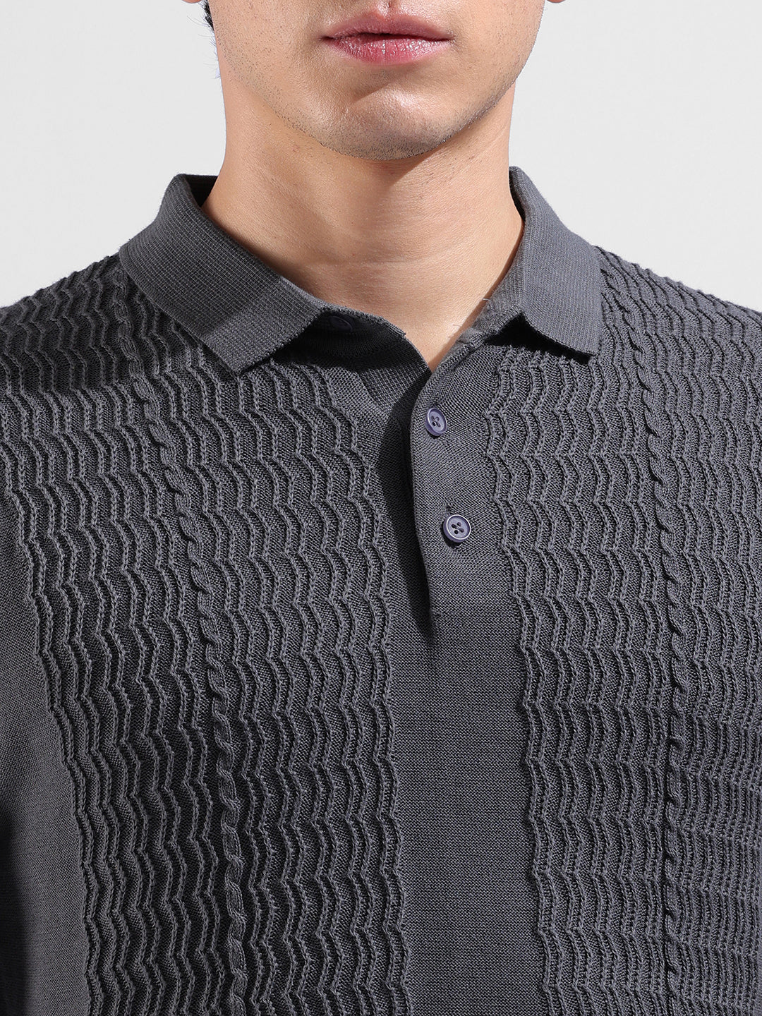 Men's Grey Slim Fit Solid Flat Knit Polo T-Shirt - Image 3