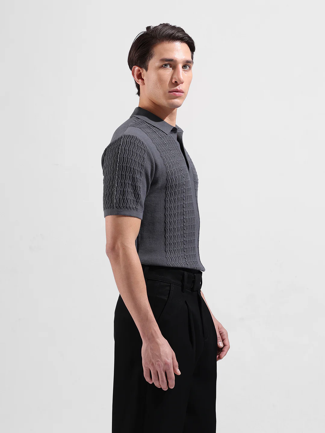 Men's Grey Slim Fit Solid Flat Knit Polo T-Shirt - Image 4
