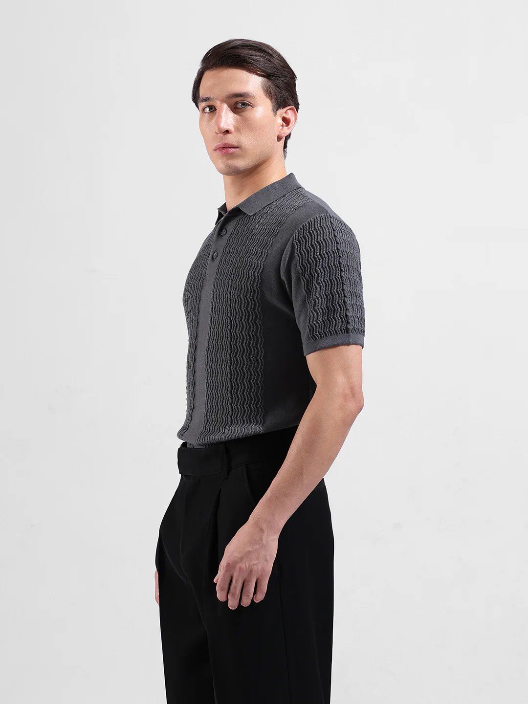 Men's Grey Slim Fit Solid Flat Knit Polo T-Shirt - Image 5