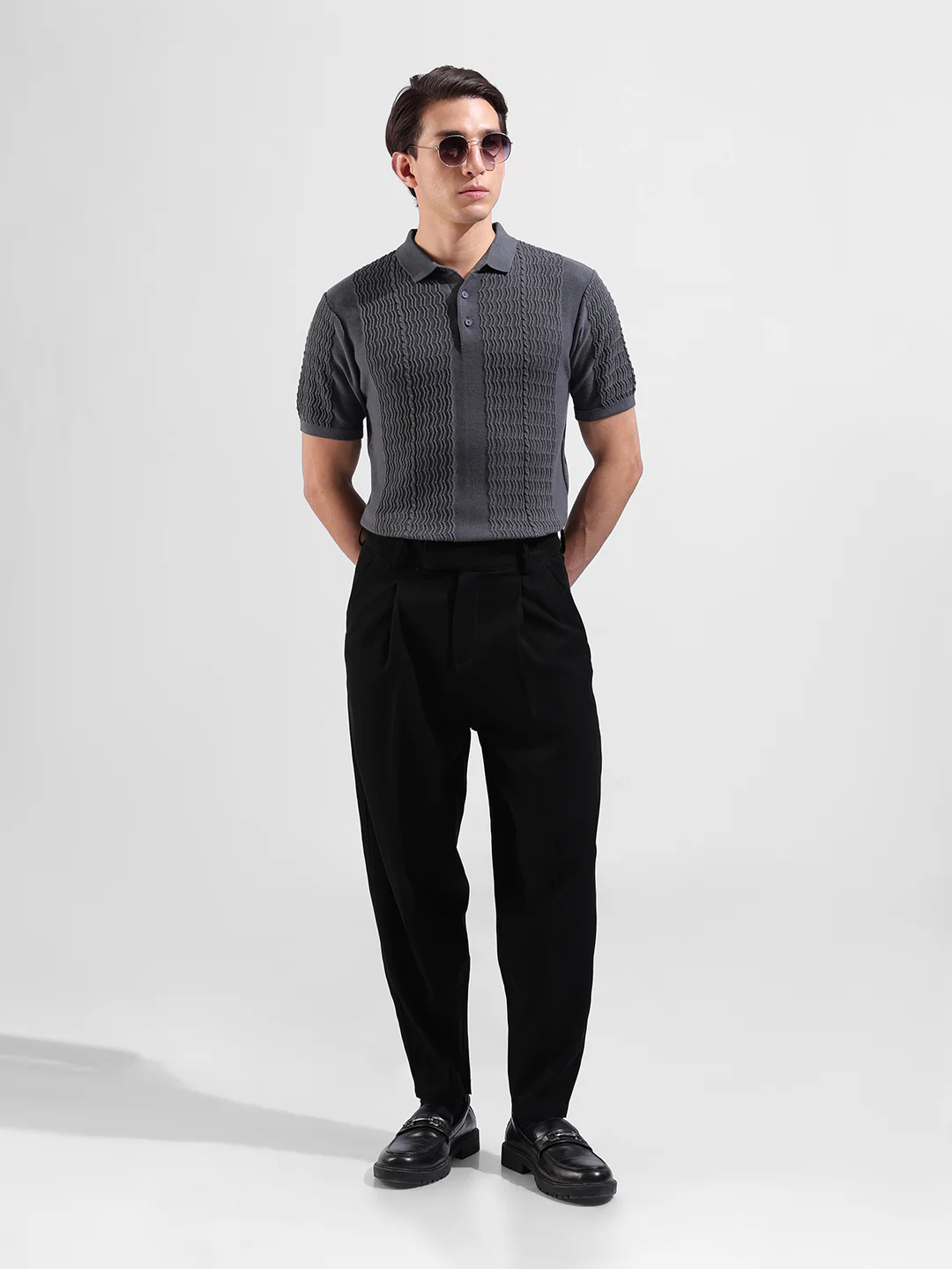 Men's Grey Slim Fit Solid Flat Knit Polo T-Shirt - Image 6