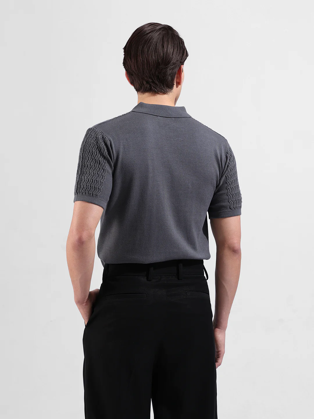 Men's Grey Slim Fit Solid Flat Knit Polo T-Shirt - Image 7