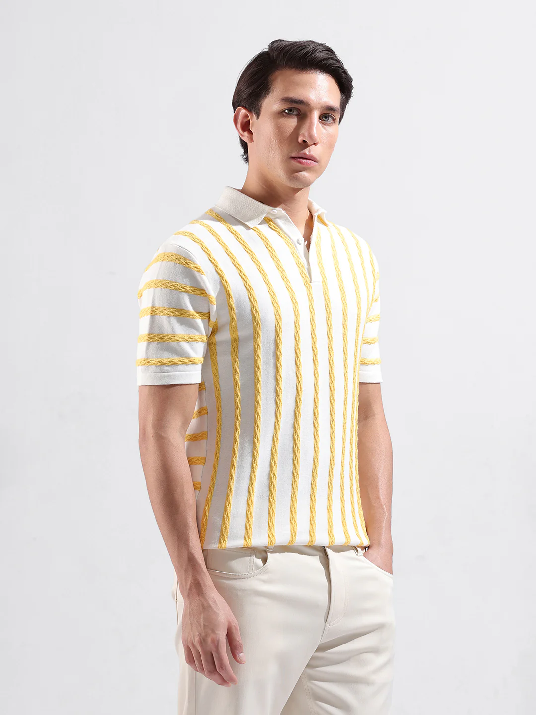 Men's White Slim Fit Striped Flat Knit Polo T-Shirt - Image 3