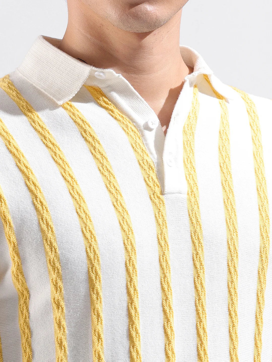 Men's White Slim Fit Striped Flat Knit Polo T-Shirt - Image 4