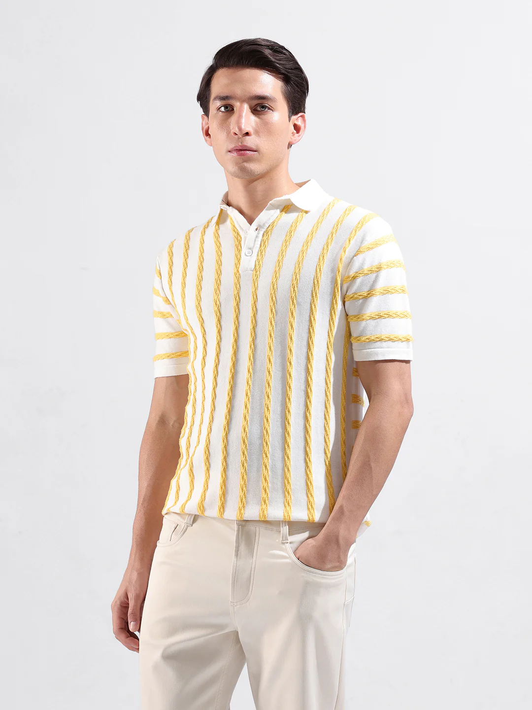 Men's White Slim Fit Striped Flat Knit Polo T-Shirt - Image 5