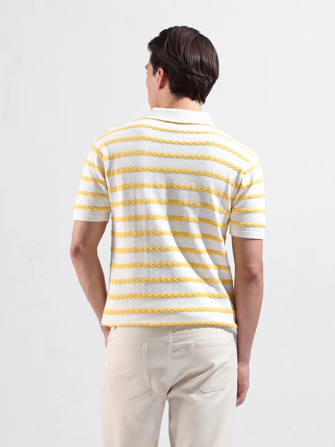 Men's White Slim Fit Striped Flat Knit Polo T-Shirt - Image 6
