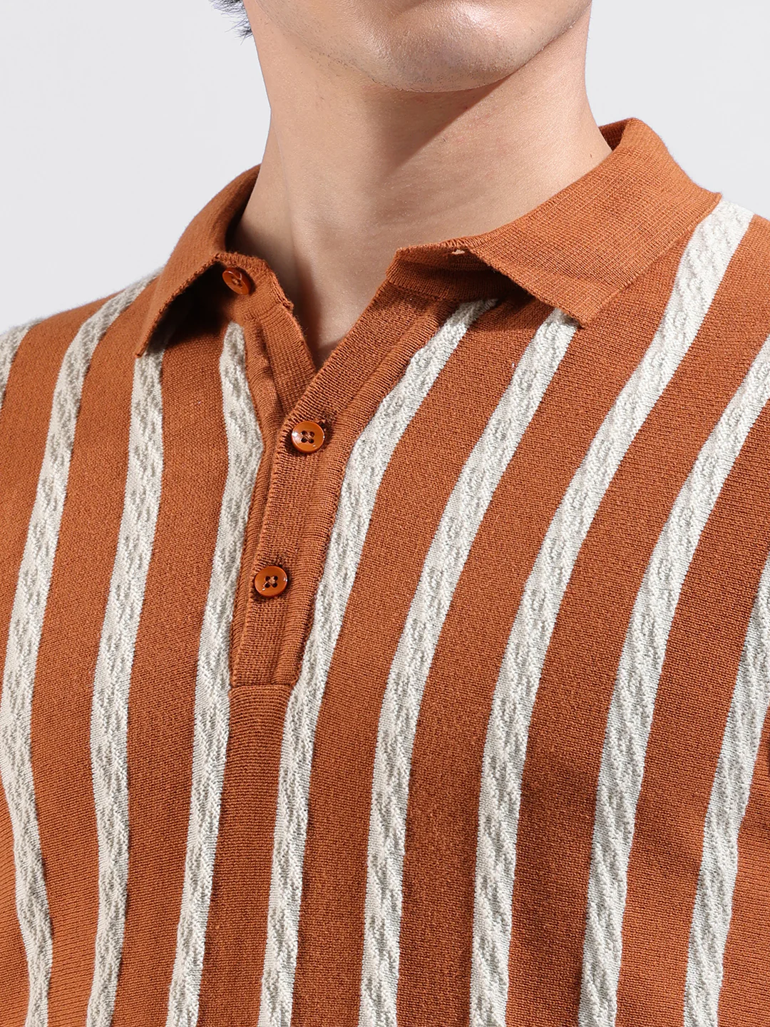 Men's Rust Slim Fit Striped Flat Knit Polo T-Shirt - Image 3