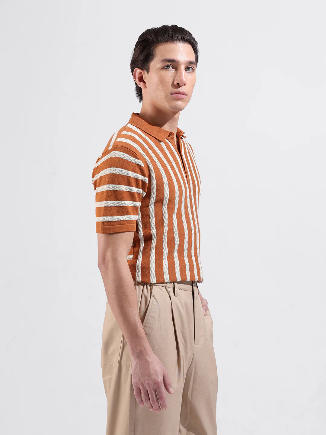 Men's Rust Slim Fit Striped Flat Knit Polo T-Shirt - Image 4