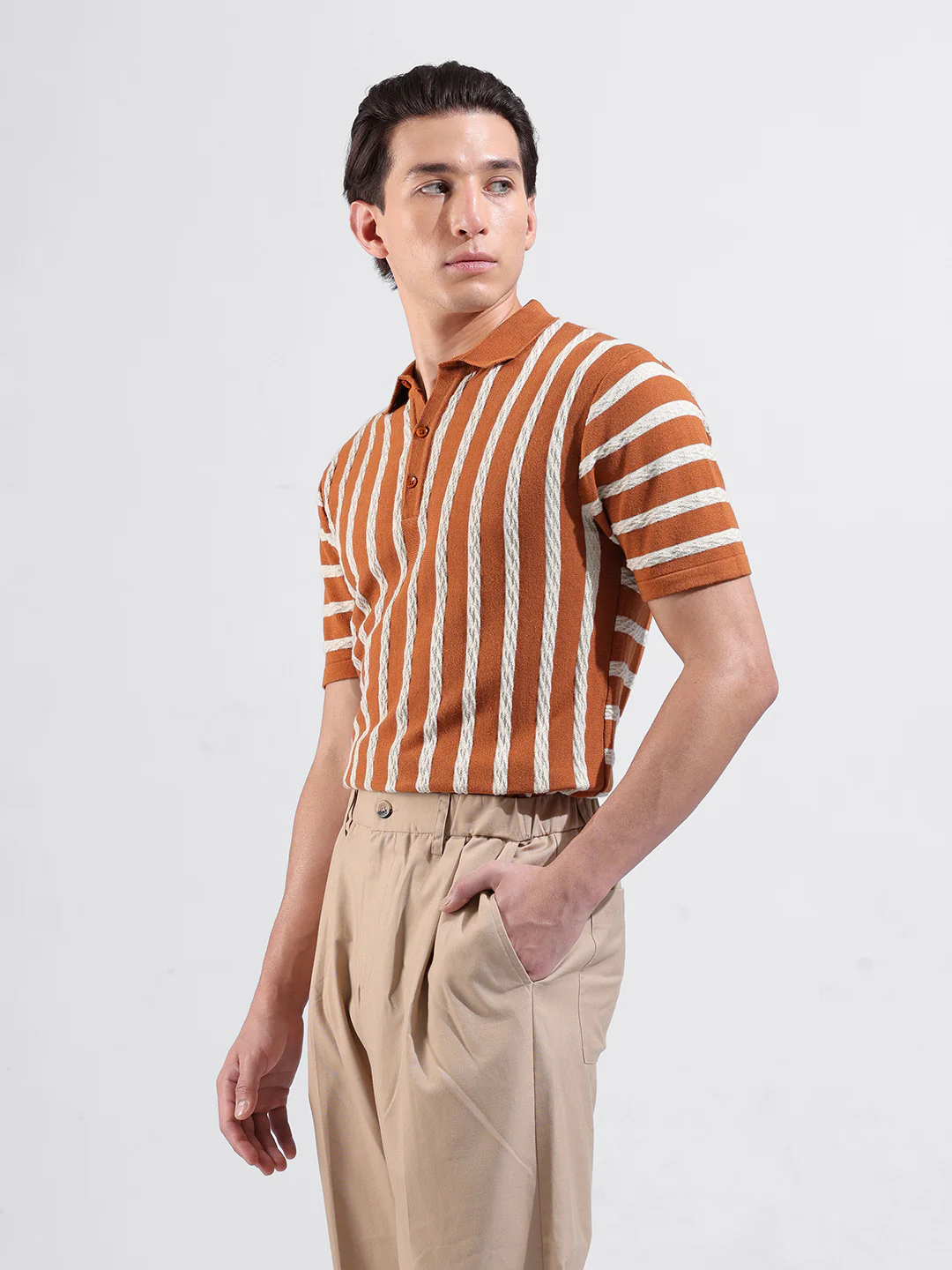Men's Rust Slim Fit Striped Flat Knit Polo T-Shirt - Image 5