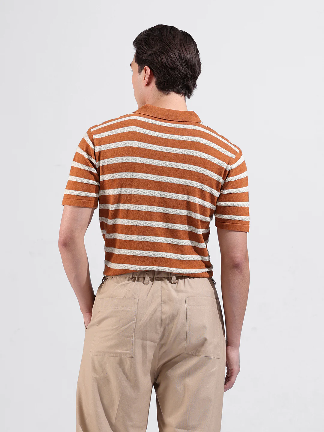 Men's Rust Slim Fit Striped Flat Knit Polo T-Shirt - Image 6