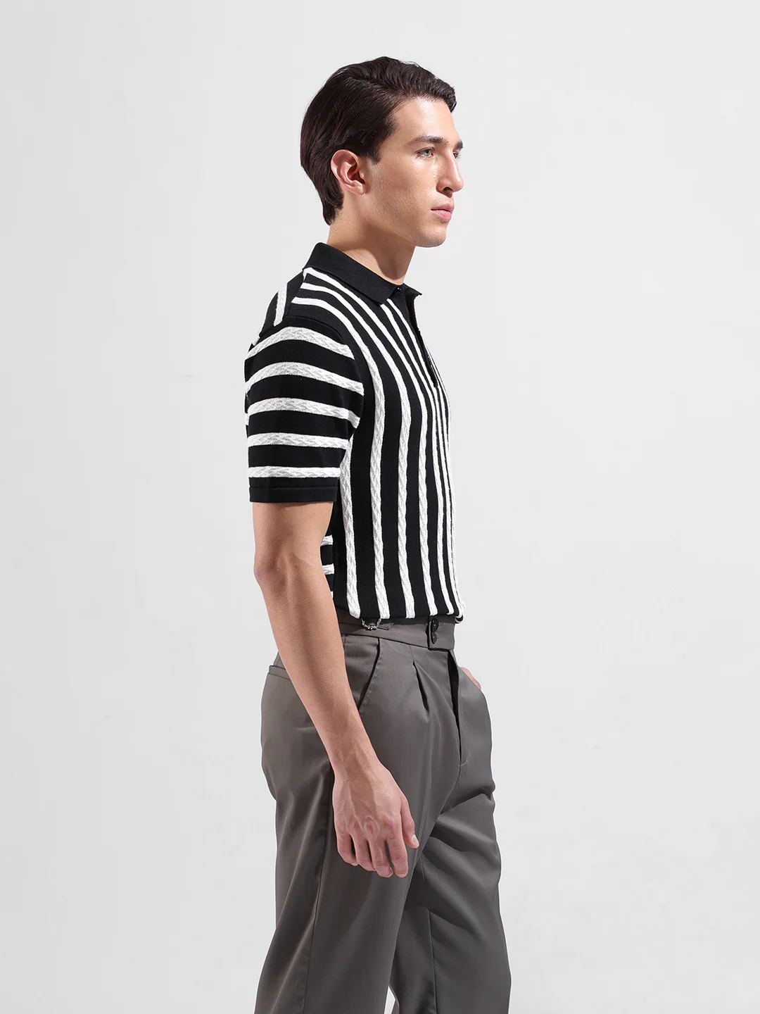 Men's Black Slim Fit Striped Flat Knit Polo T-Shirt - Image 2