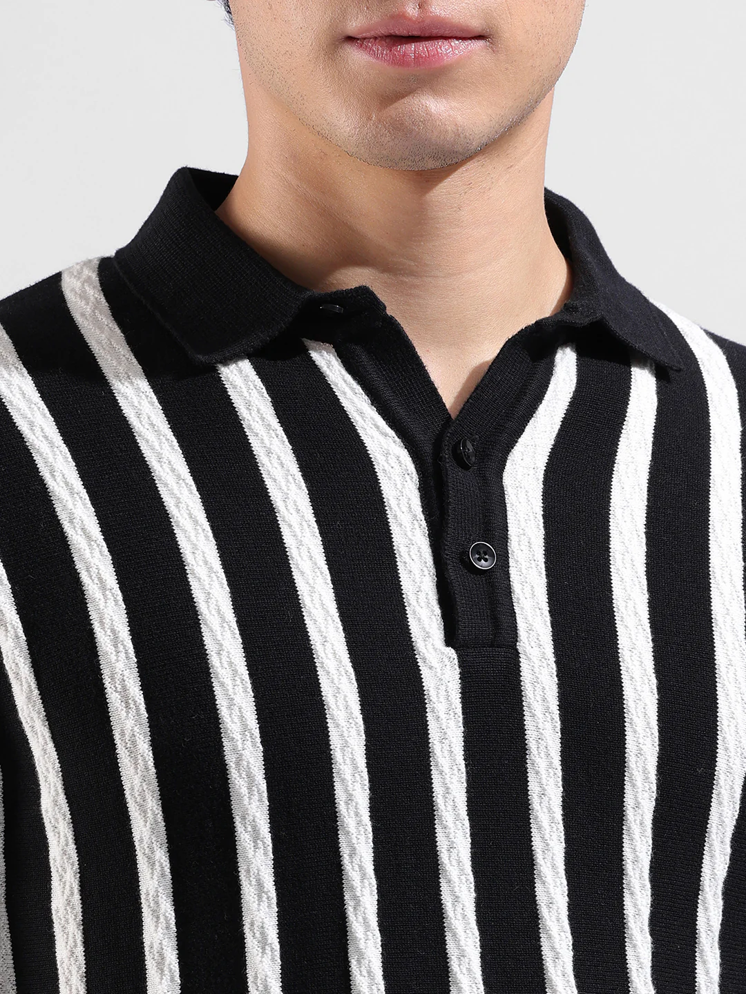 Men's Black Slim Fit Striped Flat Knit Polo T-Shirt - Image 3