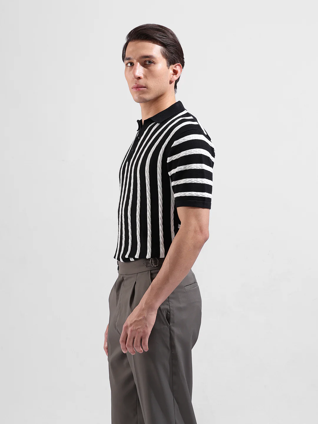 Men's Black Slim Fit Striped Flat Knit Polo T-Shirt - Image 4