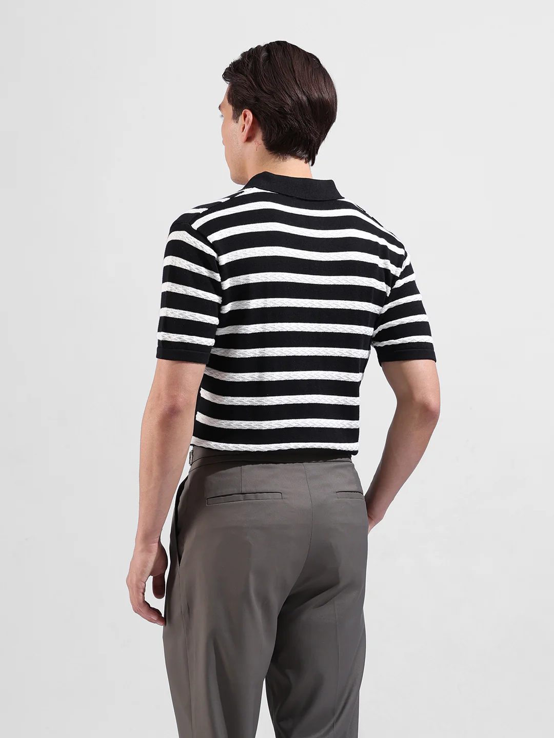 Men's Black Slim Fit Striped Flat Knit Polo T-Shirt - Image 6