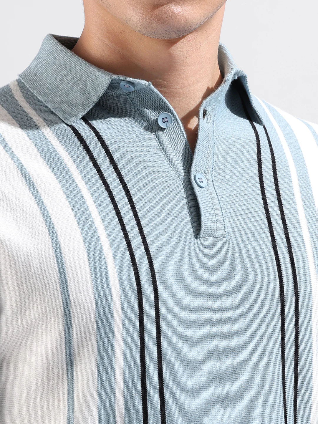 Men's Blue Slim Fit Striped Flat Knit Polo T-Shirt - Image 3