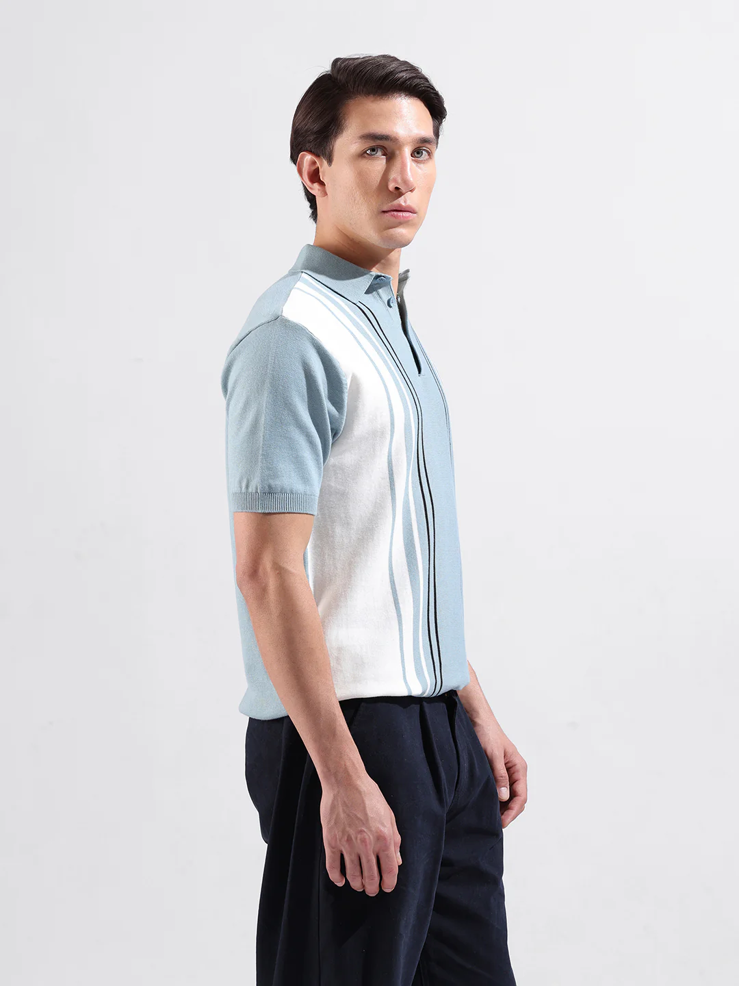 Men's Blue Slim Fit Striped Flat Knit Polo T-Shirt - Image 4