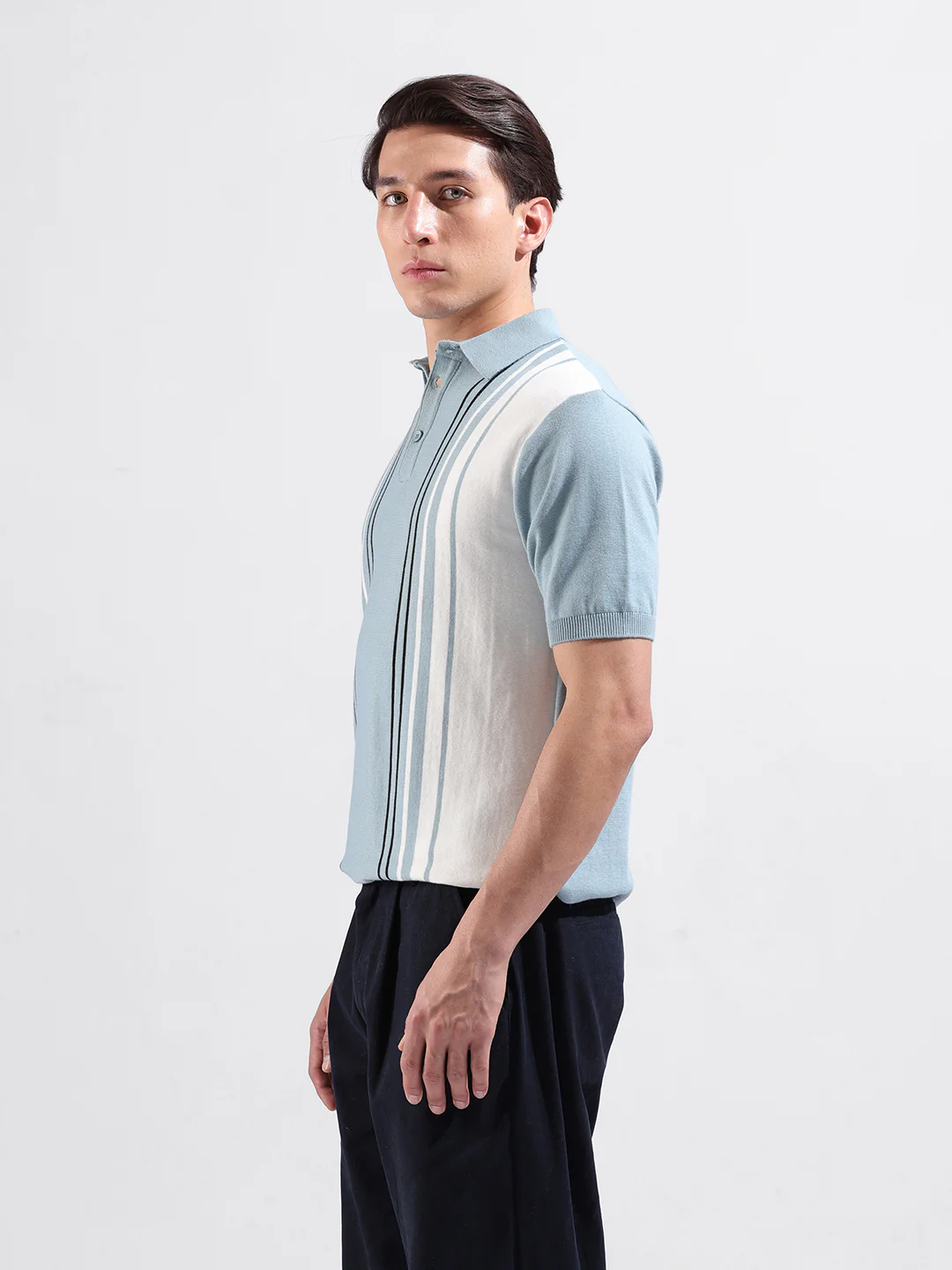 Men's Blue Slim Fit Striped Flat Knit Polo T-Shirt - Image 5