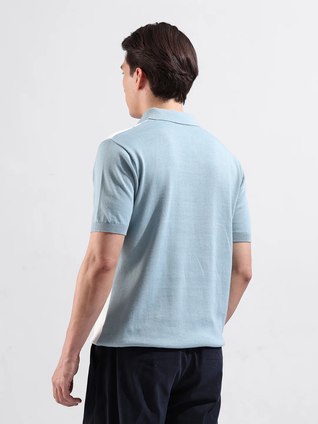 Men's Blue Slim Fit Striped Flat Knit Polo T-Shirt - Image 6