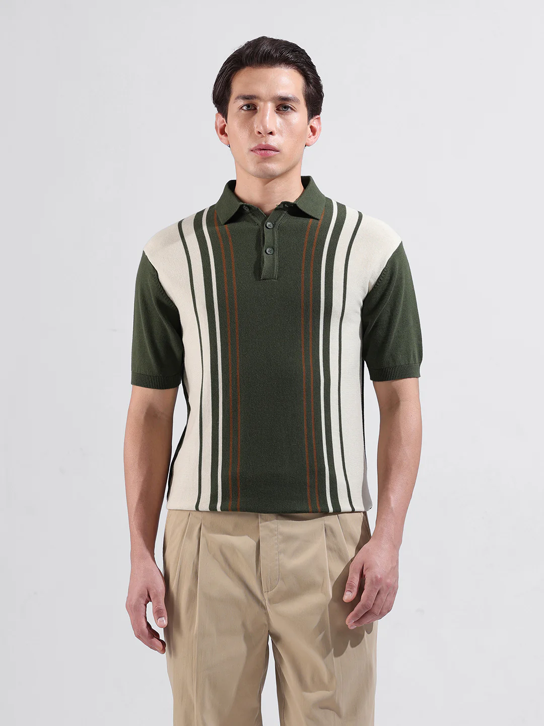 Men's Green Slim Fit Striped Flat Knit Polo T-Shirt - Image 10