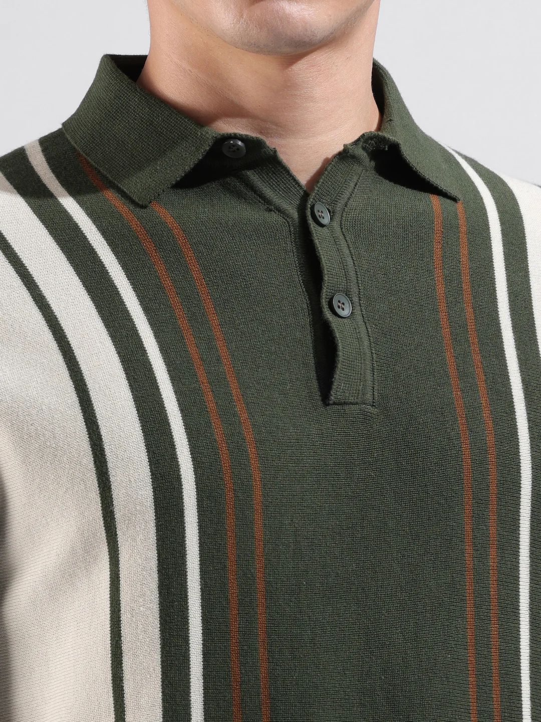 Men's Green Slim Fit Striped Flat Knit Polo T-Shirt - Image 3