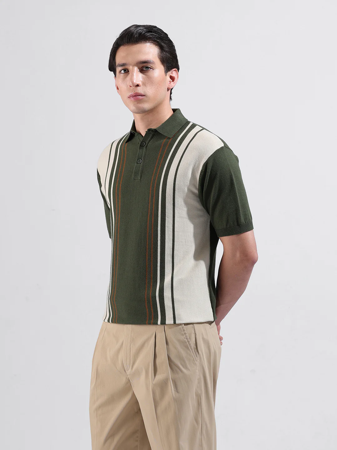 Men's Green Slim Fit Striped Flat Knit Polo T-Shirt - Image 4