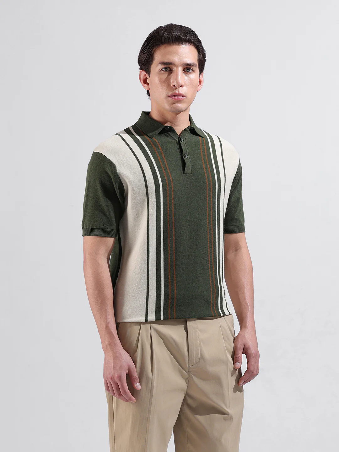 Men's Green Slim Fit Striped Flat Knit Polo T-Shirt - Image 5