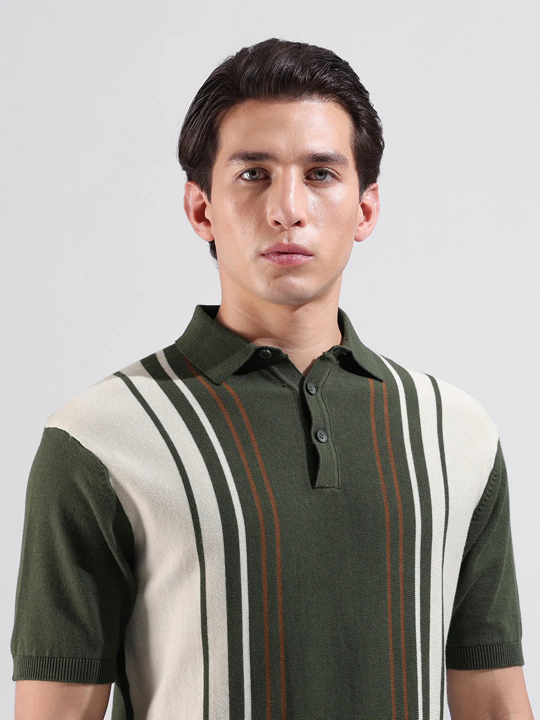 Men's Green Slim Fit Striped Flat Knit Polo T-Shirt - Image 6